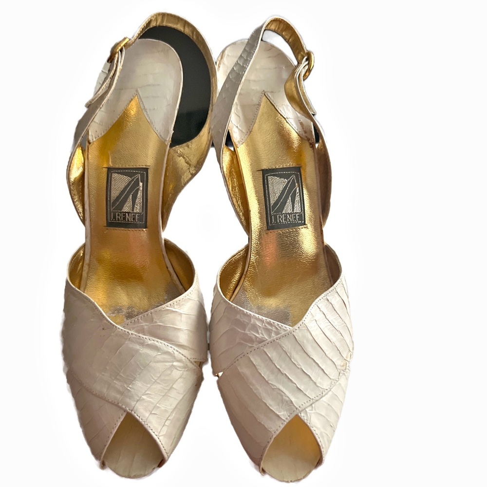 Vintage J.Renee White and Gold Peep-Toe Slingback 4” Heels